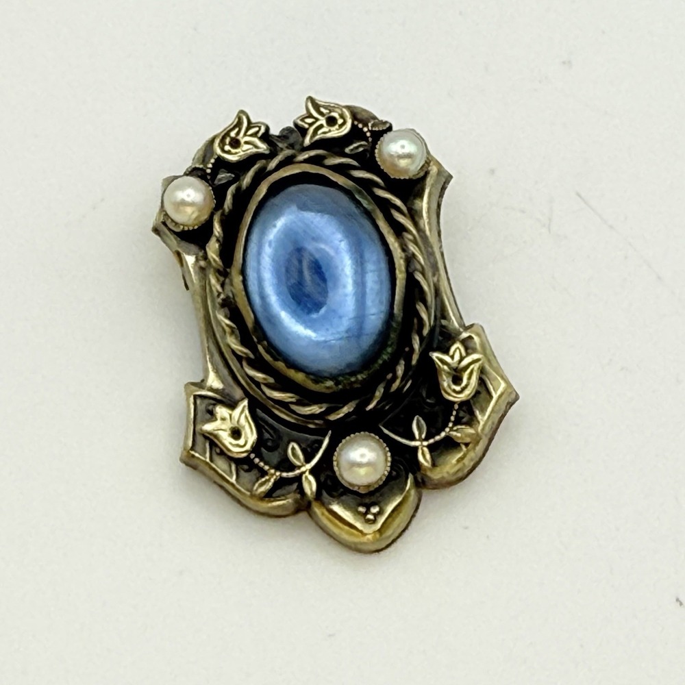 Hobe Brooch Blue Cabochon Faux Pearl Gold Tone Floral Leaf Pin Signed